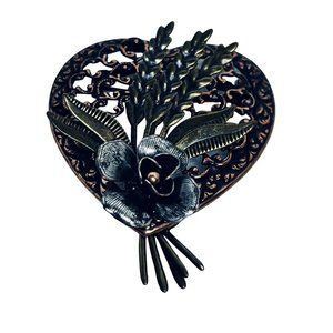 Tri Colored Heart And Bouquet Brooch